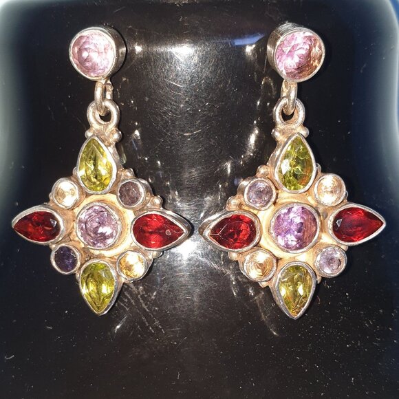 ✨ Gorgeous Vintage Multi-Gemstone Dangle Earrings – 925 Sterling Silver ✨ - Picture 7 of 10
